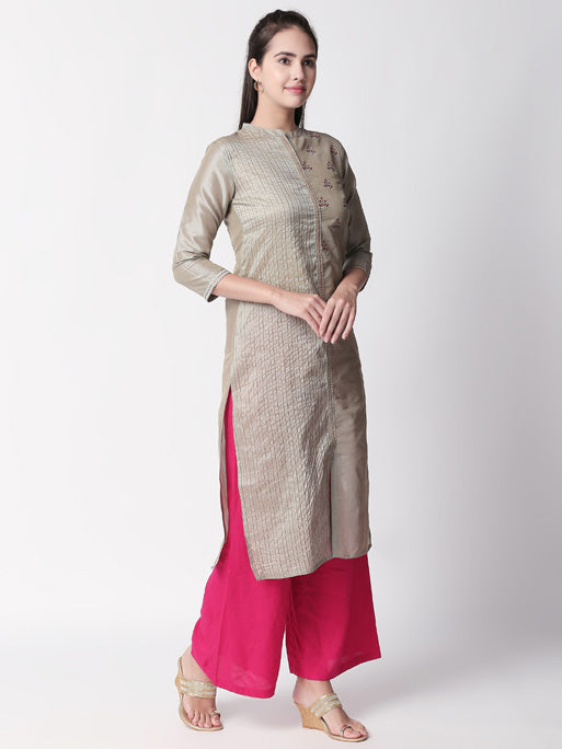 Ethnicity Silver Embroidered and Textured Long Kurta Tunic with Collar