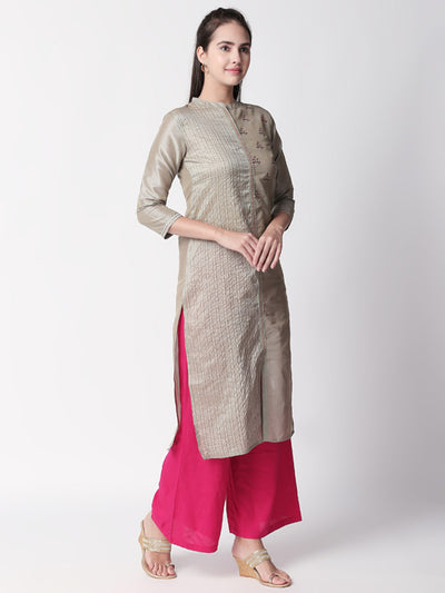 Ethnicity Silver Embroidered and Textured Long Kurta Tunic with Collar