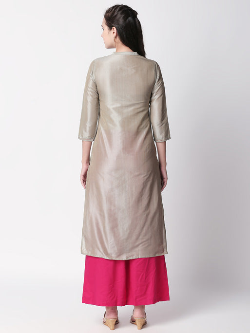 Ethnicity Silver Embroidered and Textured Long Kurta Tunic with Collar