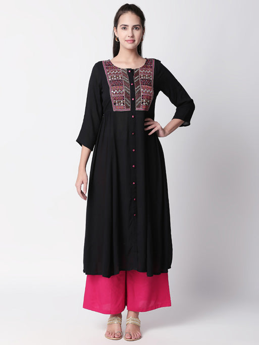 Ethnicity Handmade Embroidered  Black Button-Down Flared Long Tunic Dress