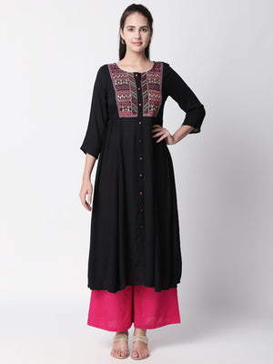 Ethnicity Handmade Embroidered  Black Button-Down Flared Long Tunic Dress