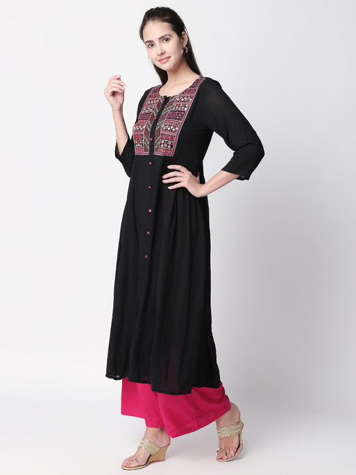 Ethnicity Handmade Embroidered  Black Button-Down Flared Long Tunic Dress