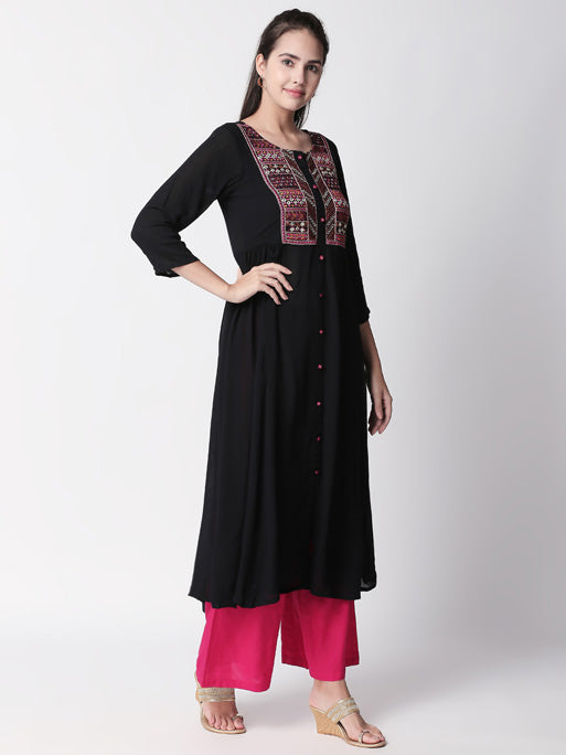 Ethnicity Handmade Embroidered  Black Button-Down Flared Long Tunic Dress