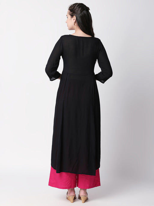 Ethnicity Handmade Embroidered  Black Button-Down Flared Long Tunic Dress
