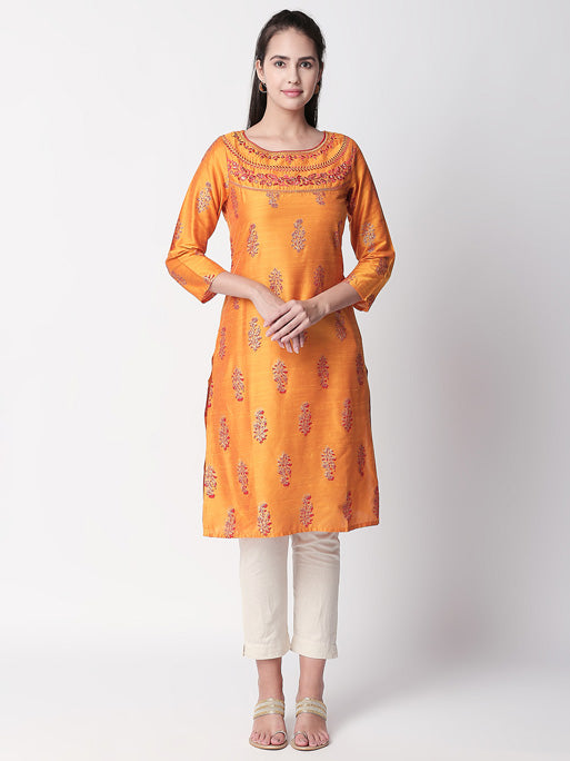 Ethnicity Handcrafted Printed Orange Long Kurta Tunic