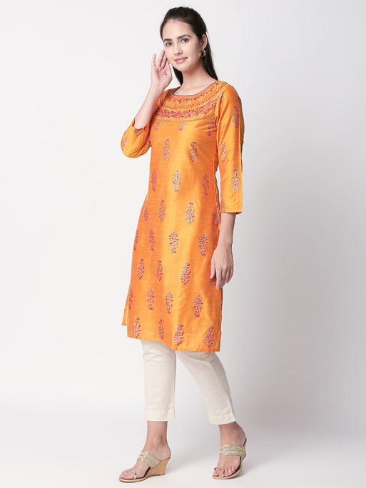 Ethnicity Handcrafted Printed Orange Long Kurta Tunic