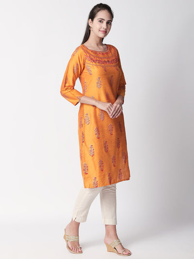 Ethnicity Handcrafted Printed Orange Long Kurta Tunic
