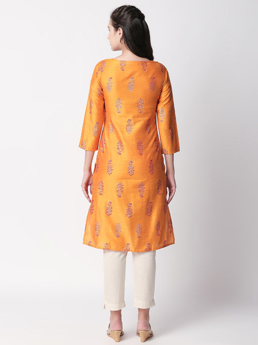 Ethnicity Handcrafted Printed Orange Long Kurta Tunic
