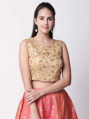 Ethnicity Gold Sleeveless Crop Top with Metallic Embroidery
