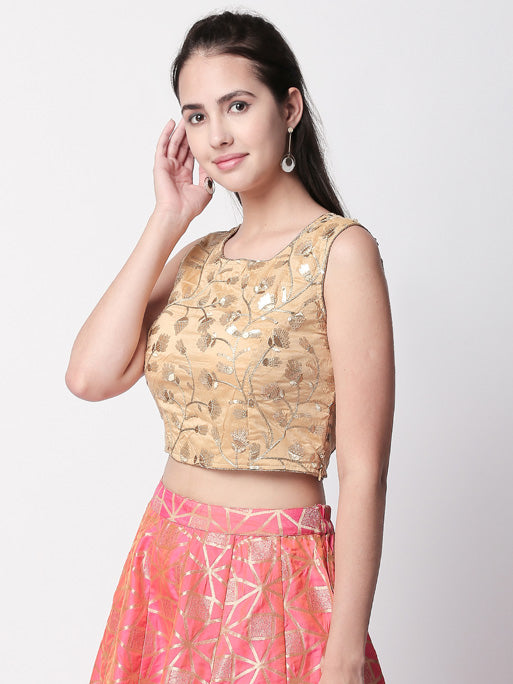 Ethnicity Gold Sleeveless Crop Top with Metallic Embroidery