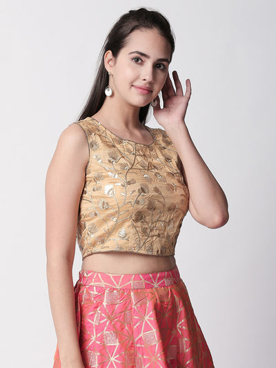 Ethnicity Gold Sleeveless Crop Top with Metallic Embroidery
