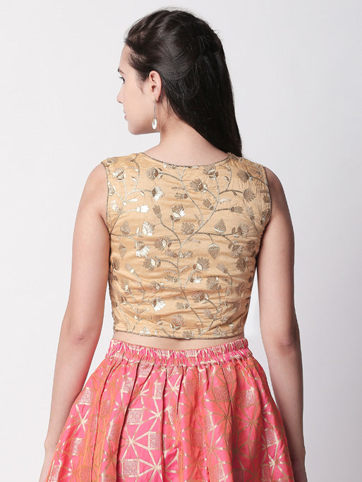 Ethnicity Gold Sleeveless Crop Top with Metallic Embroidery