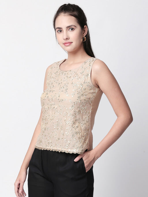 Ethnicity Beige Sleeveless Top with Simple Metallic Embroidery