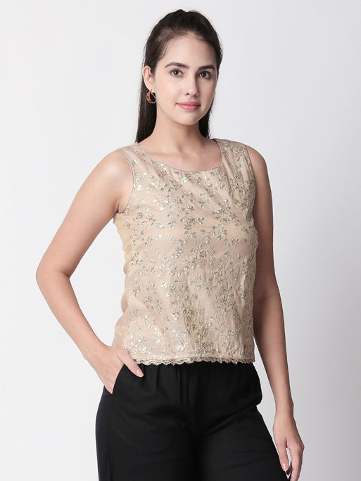 Ethnicity Beige Sleeveless Top with Simple Metallic Embroidery