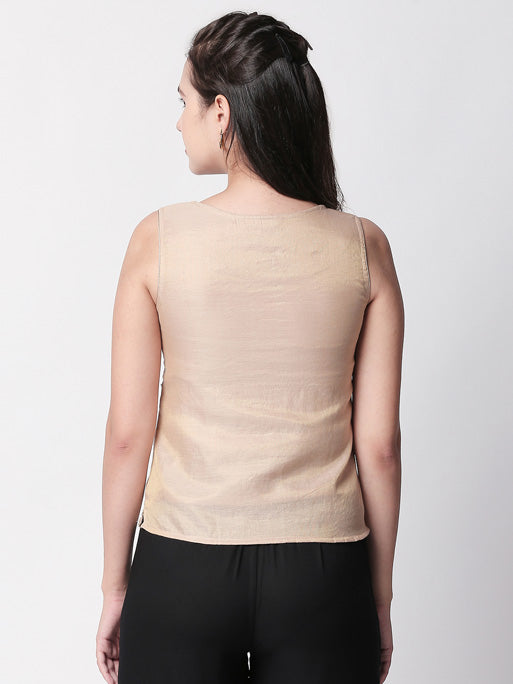 Ethnicity Beige Sleeveless Top with Simple Metallic Embroidery