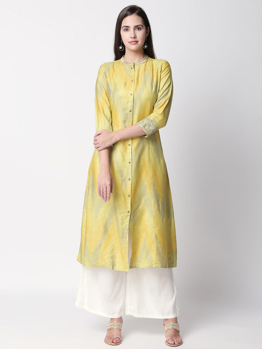 Ethnicity Handcrafted Yellow Watercolor Long Kurta Tunic