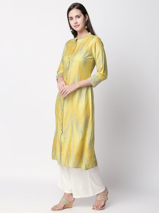 Ethnicity Handcrafted Yellow Watercolor Long Kurta Tunic