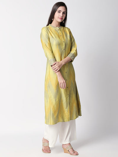 Ethnicity Handcrafted Yellow Watercolor Long Kurta Tunic