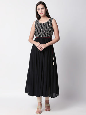 Ethnicity Handmade Embroidered Sleeveless Black Gathered Dress with Tassel