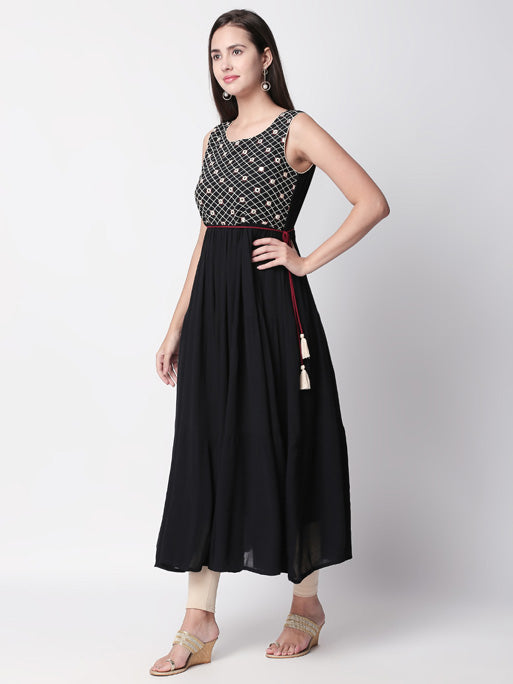 Ethnicity Handmade Embroidered Sleeveless Black Gathered Dress with Tassel