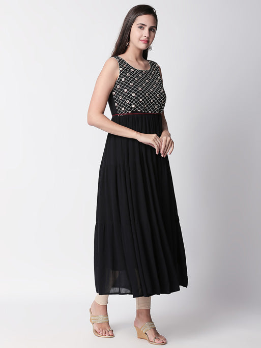 Ethnicity Handmade Embroidered Sleeveless Black Gathered Dress with Tassel