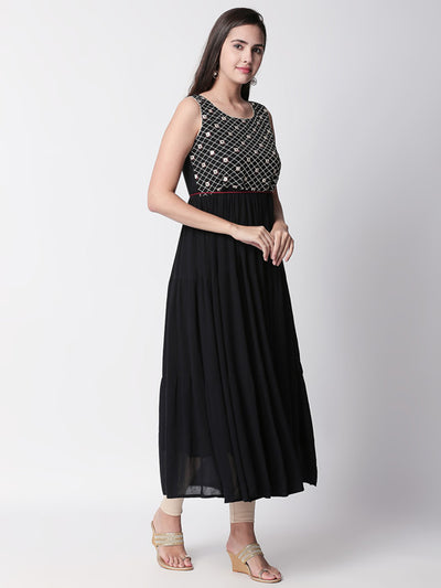 Ethnicity Handmade Embroidered Sleeveless Black Gathered Dress with Tassel
