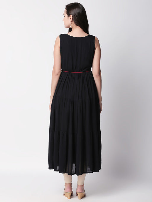 Ethnicity Handmade Embroidered Sleeveless Black Gathered Dress with Tassel