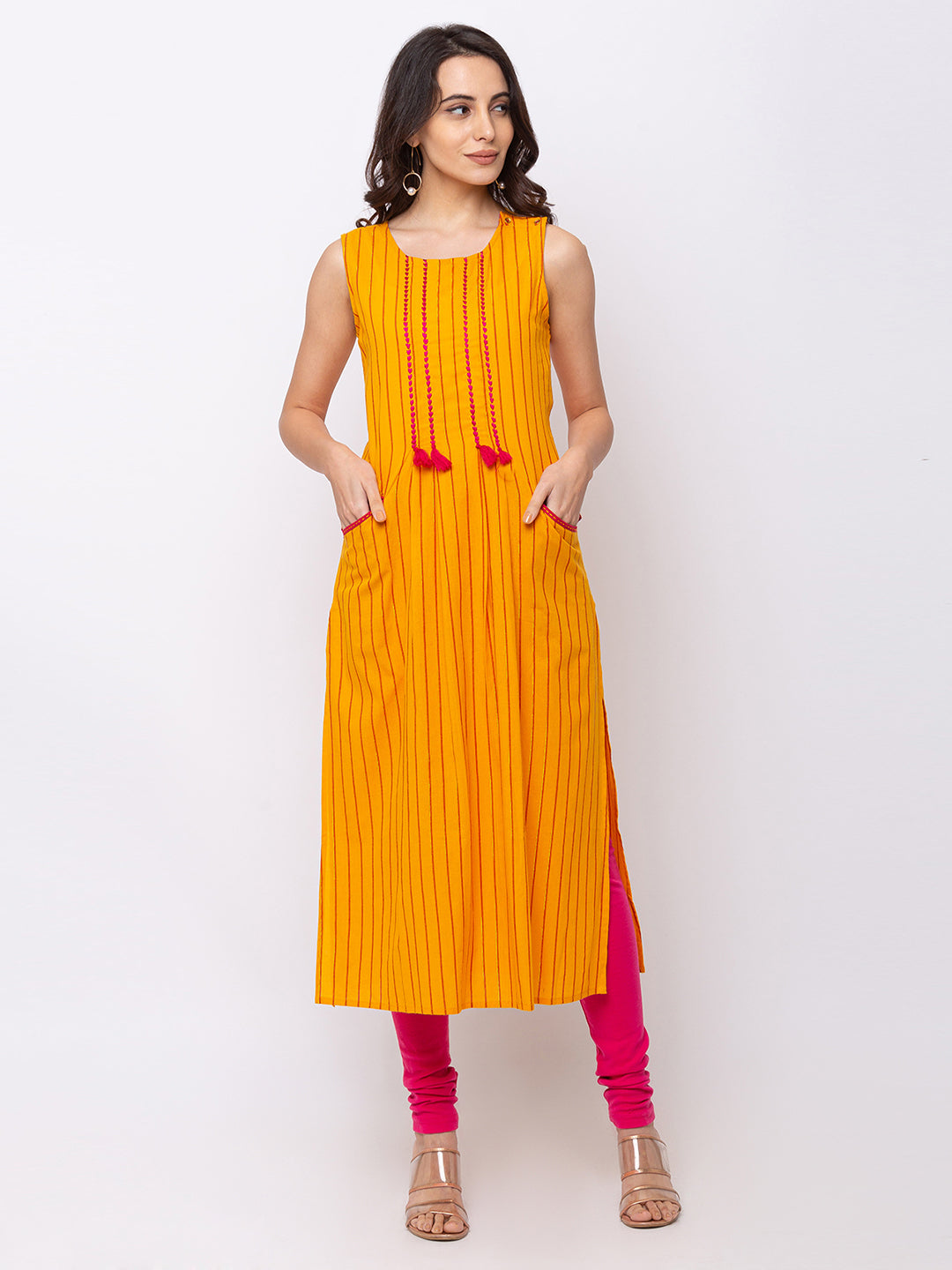 Ethnicity Mustard Brown Sleeveless Cotton Long Kurta Tunic with Pink Stripes