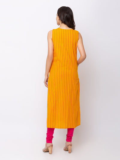 Ethnicity Mustard Brown Sleeveless Cotton Long Kurta Tunic with Pink Stripes