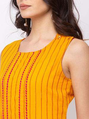 Ethnicity Mustard Brown Sleeveless Cotton Long Kurta Tunic with Pink Stripes