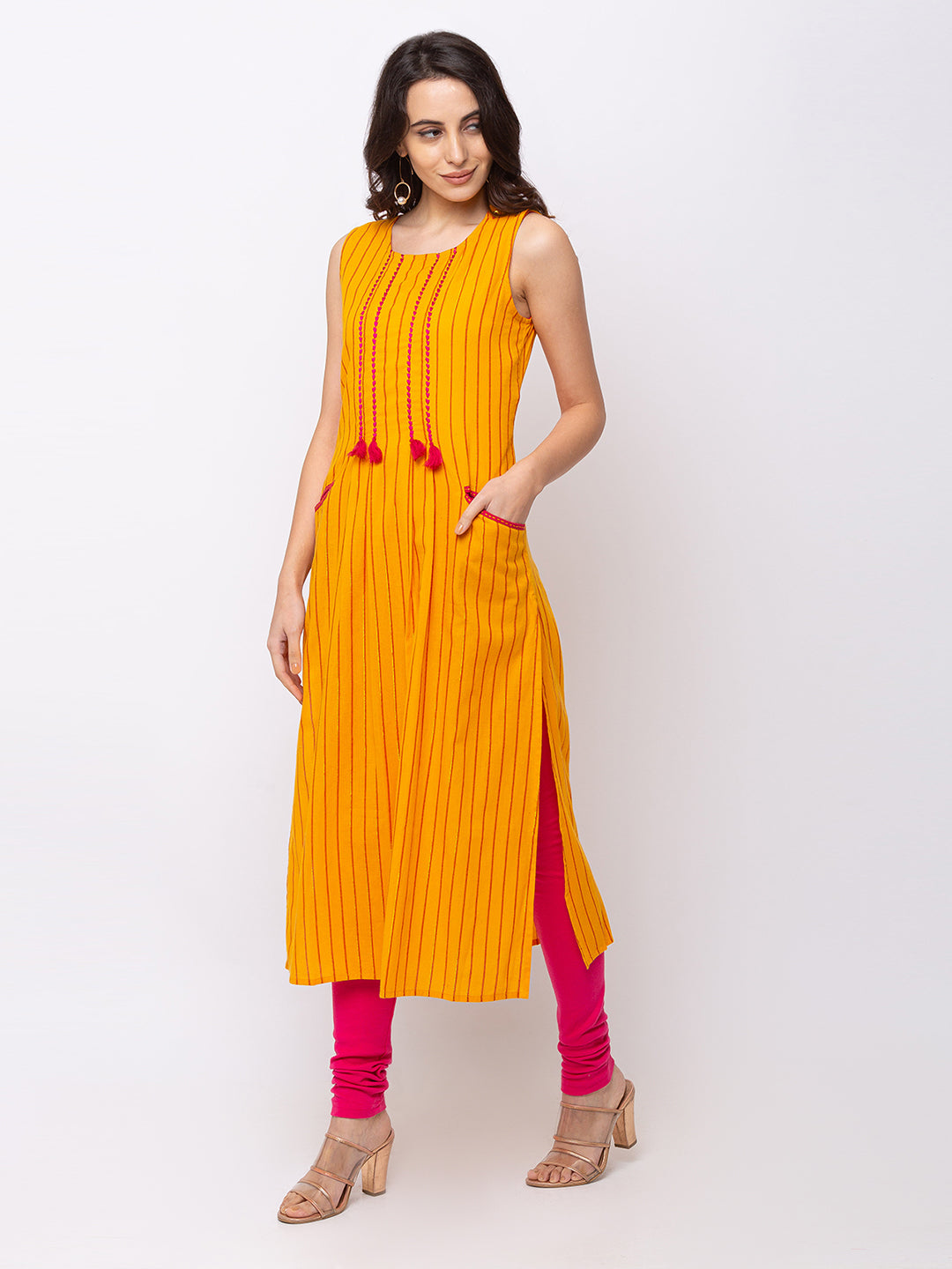 Ethnicity Mustard Brown Sleeveless Cotton Long Kurta Tunic with Pink Stripes
