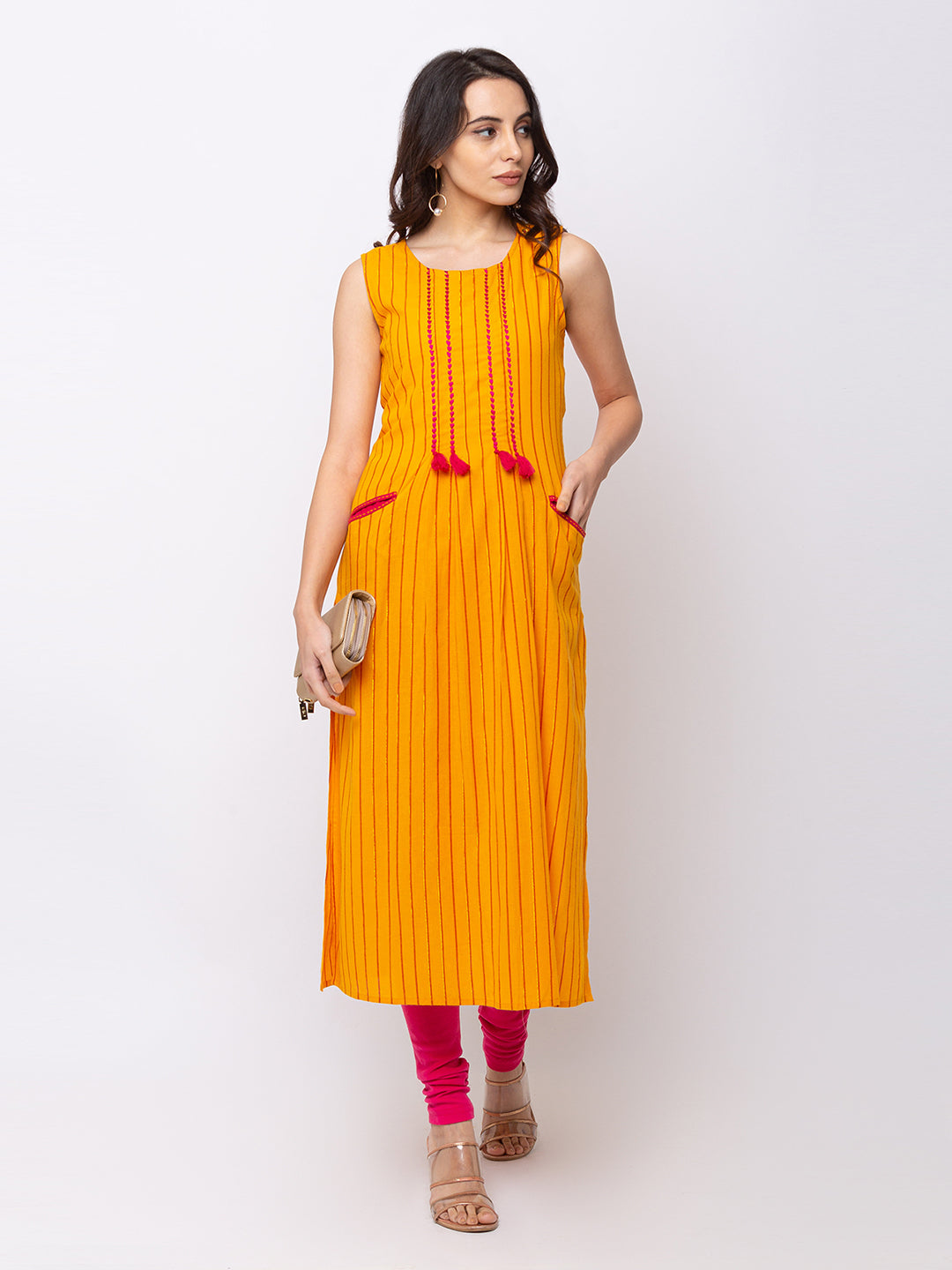 Ethnicity Mustard Brown Sleeveless Cotton Long Kurta Tunic with Pink Stripes