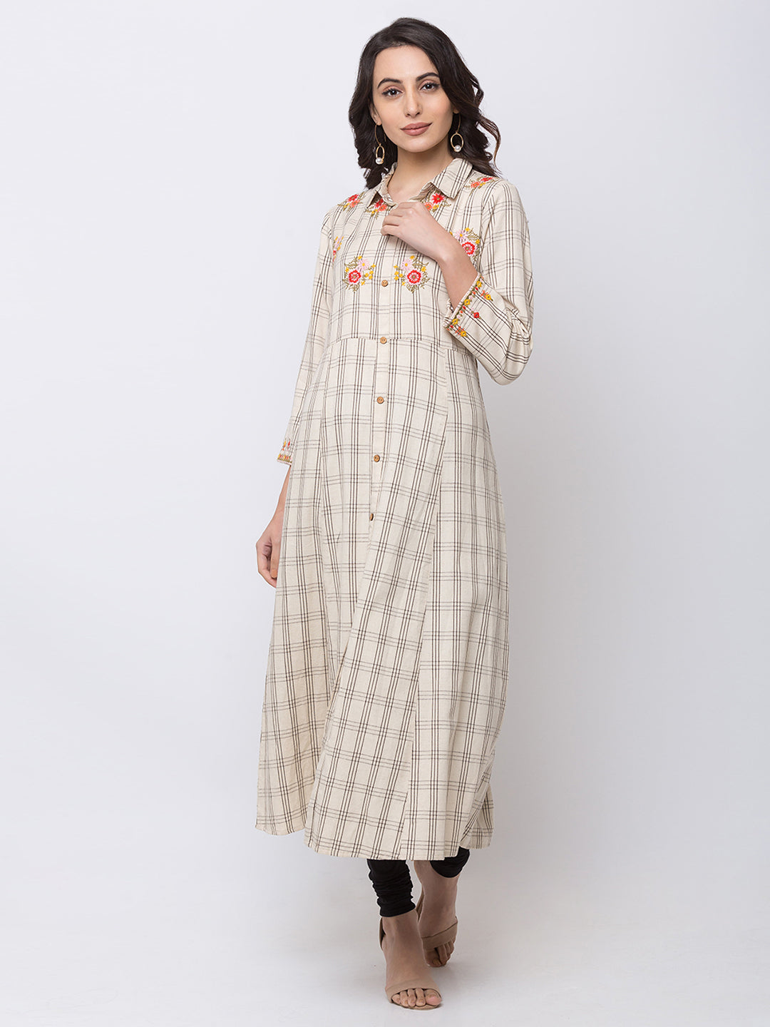 Ethnicity Cream Beige Kurta Tunic Checkered A-Line Dress with Flower Embroidery