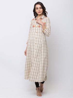 Ethnicity Cream Beige Kurta Tunic Checkered A-Line Dress with Flower Embroidery