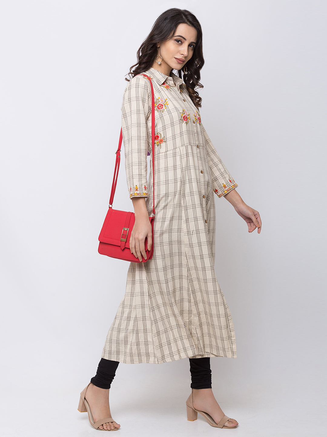 Ethnicity Cream Beige Kurta Tunic Checkered A-Line Dress with Flower Embroidery