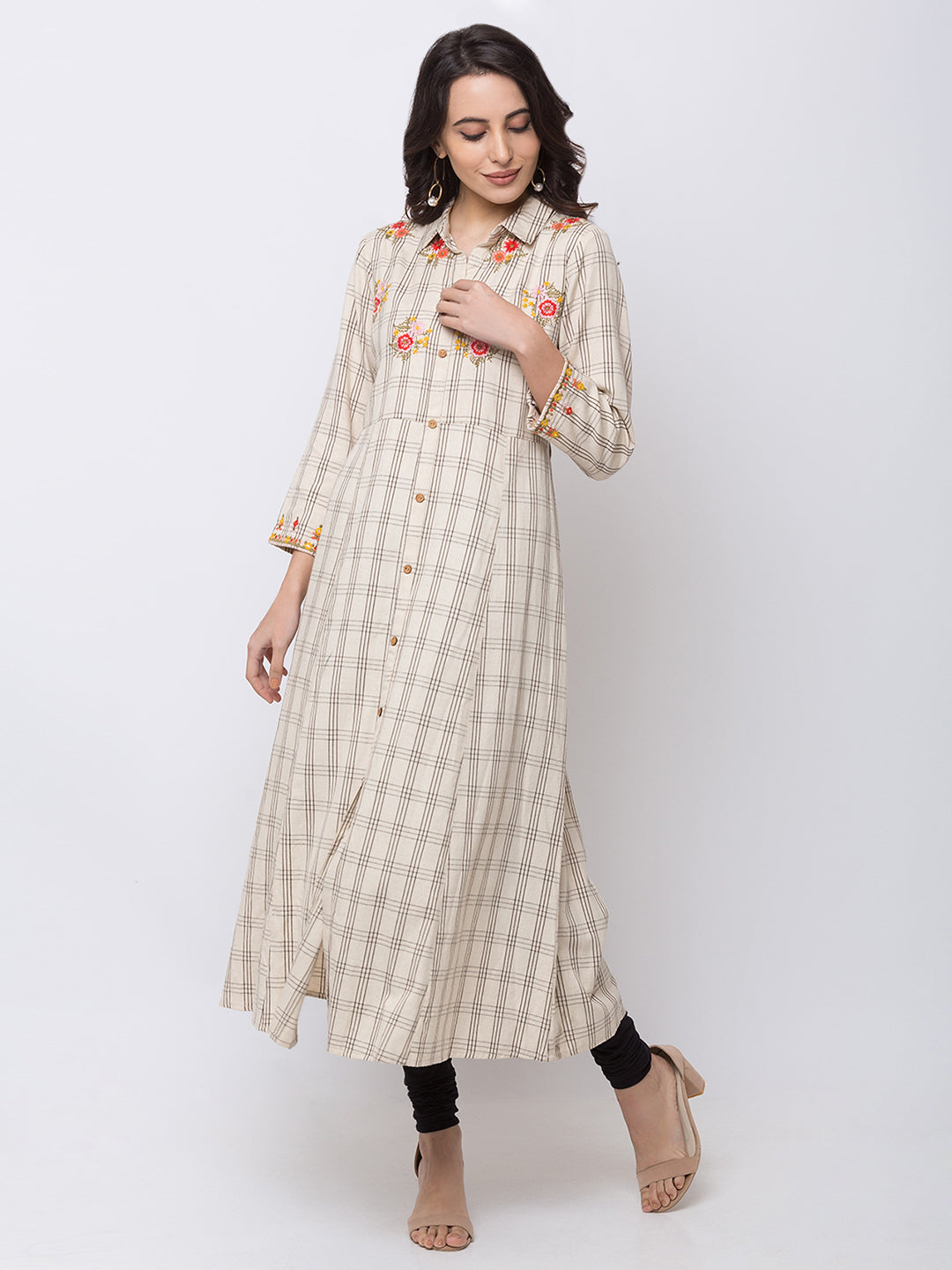 Ethnicity Cream Beige Kurta Tunic Checkered A-Line Dress with Flower Embroidery
