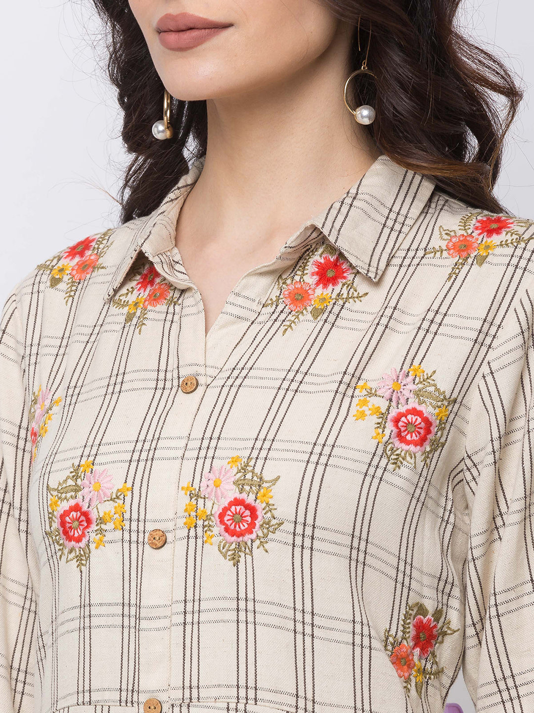 Ethnicity Cream Beige Kurta Tunic Checkered A-Line Dress with Flower Embroidery