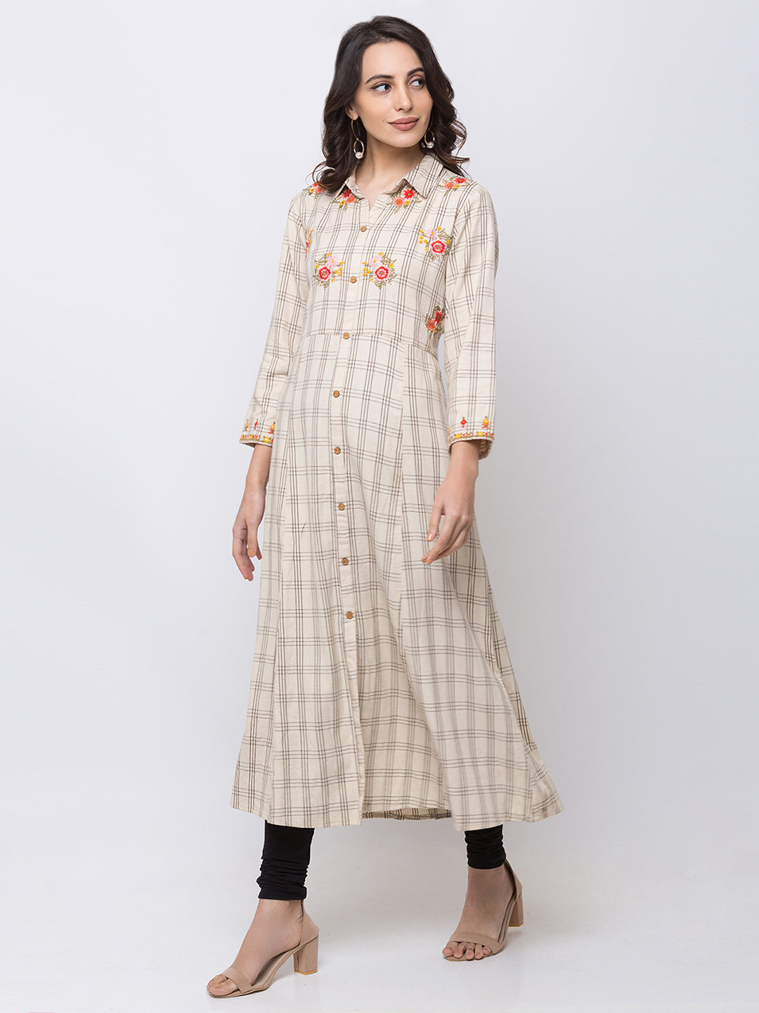 Ethnicity Cream Beige Kurta Tunic Checkered A-Line Dress with Flower Embroidery