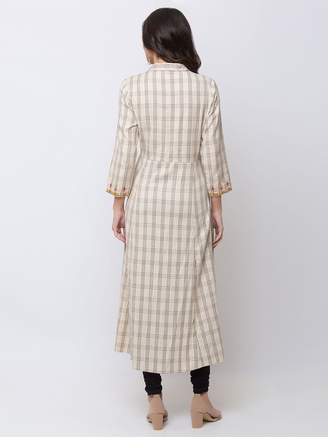 Ethnicity Cream Beige Kurta Tunic Checkered A-Line Dress with Flower Embroidery