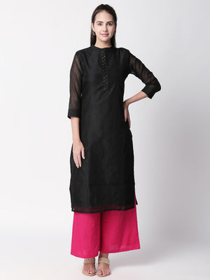 Ethnicity Handcrafted Black Long Kurta Tunic with Mandarin Collar