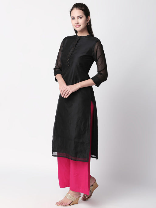 Ethnicity Handcrafted Black Long Kurta Tunic with Mandarin Collar