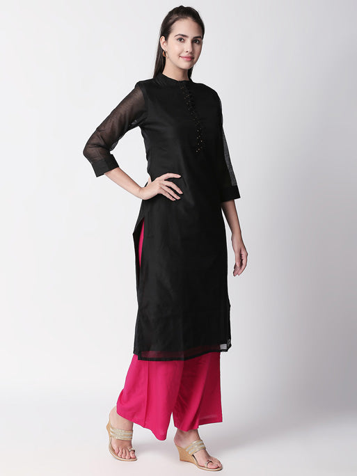 Ethnicity Handcrafted Black Long Kurta Tunic with Mandarin Collar