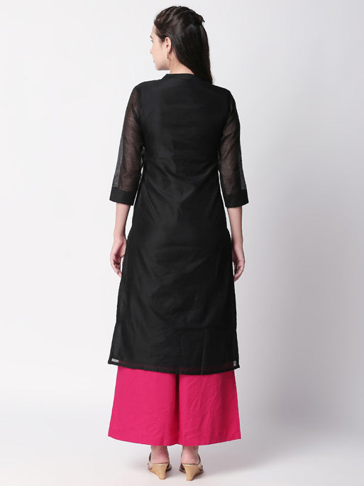 Ethnicity Handcrafted Black Long Kurta Tunic with Mandarin Collar