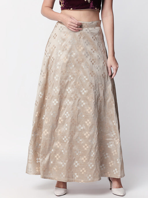 Ethnicity Handcrafted Gray and Beige Lehenga Skirt with Metallic Details