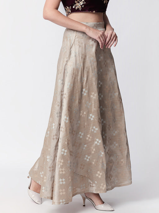 Ethnicity Handcrafted Gray and Beige Lehenga Skirt with Metallic Details
