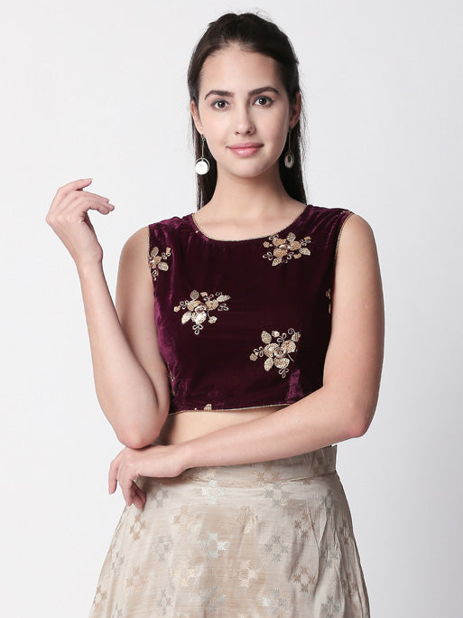 Ethnicity Velvet Plum Crop Top with Floral Metallic Sequencing