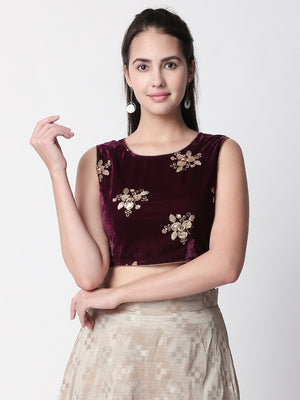 Ethnicity Velvet Plum Crop Top with Floral Metallic Sequencing
