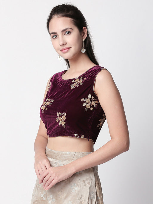 Ethnicity Velvet Plum Crop Top with Floral Metallic Sequencing