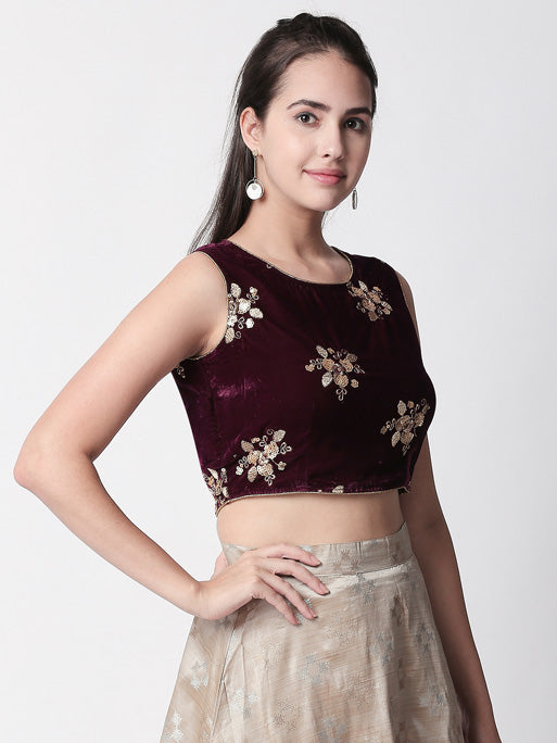 Ethnicity Velvet Plum Crop Top with Floral Metallic Sequencing