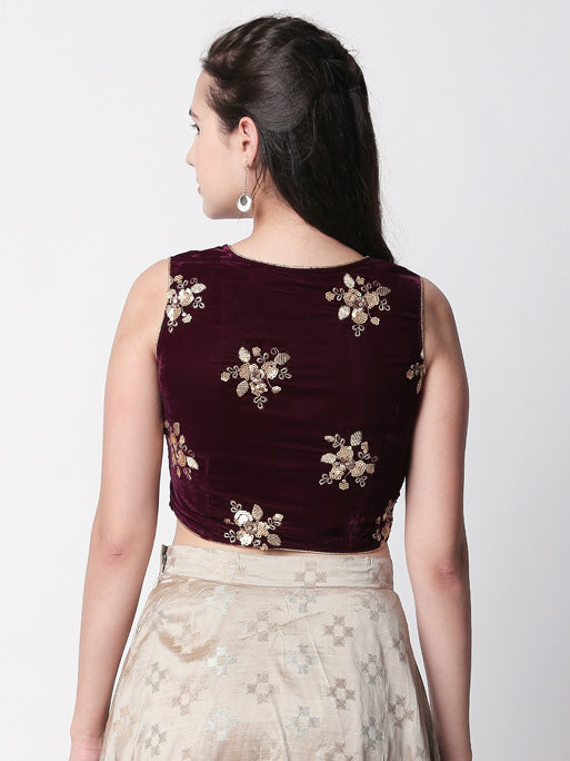 Ethnicity Velvet Plum Crop Top with Floral Metallic Sequencing